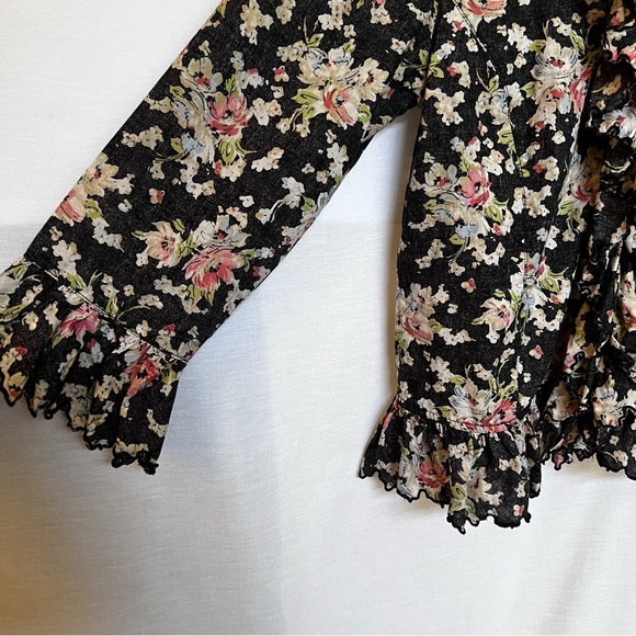 LRL Lauren Jeans Black Floral Ruffled Button Down Romantic Blouse.  Size S - Picture 3 of 15